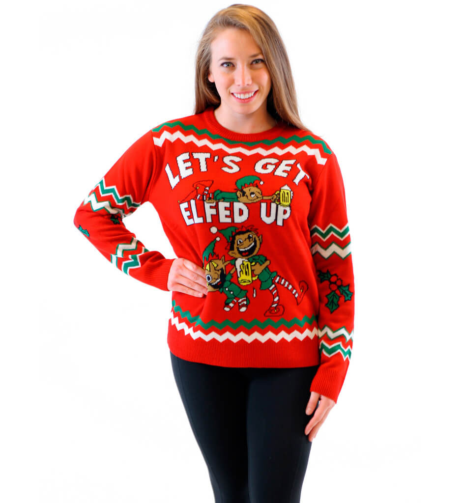 Women’s Let’s Get Elfed Up Drunken Elves Ugly Christmas Sweater