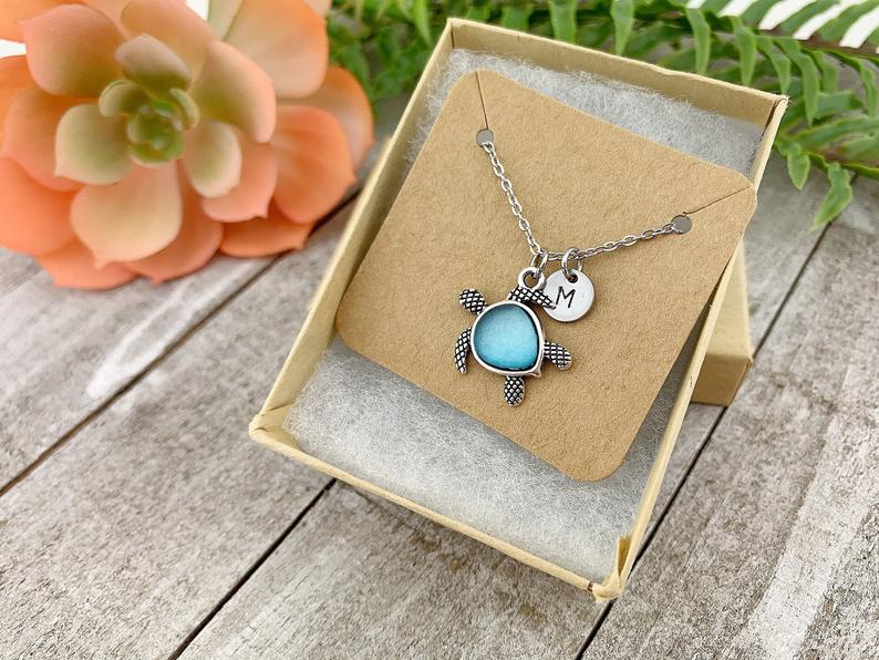 Blue Sea Glass Turtle Necklace