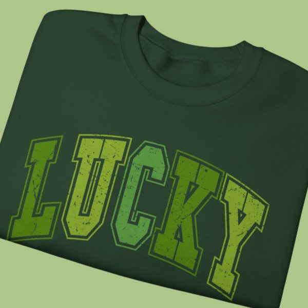 St. Patrick's Day Distressed Lucky Crewneck Sweatshirt_upclose