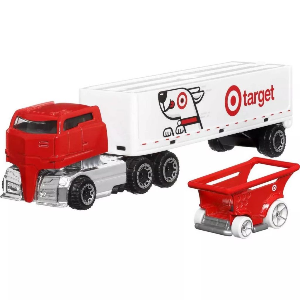 Red White and In Love with These Target Exclusives 2024: Hot Wheels 1:64 Scale Bullseye's Big Rig Toy Truck & Shopping Cart Set