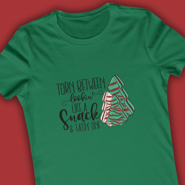 Torn between Lookin' like a Snack And Eatin' One Christmas Tee_kelly green