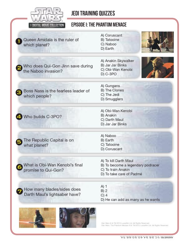 Star Wars Jedi training quizzes